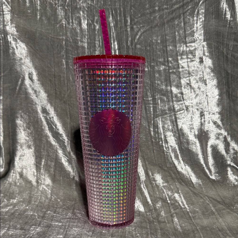 Starbucks 2023 Iridescent Pink Silver Holo Bubblegum Grid Cold Cup Tumbler 24oz